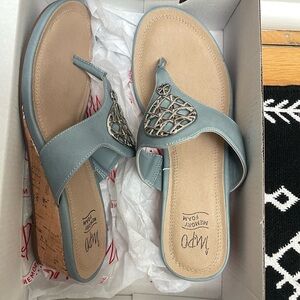 Impo Light Blue / Washed Denim Rosanna Wedge Sandals with Metal Medallion